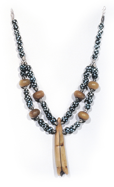 Necklace Composed of Antique Venetian Glass Trading Beads, African Silver and Amber Beads, Bone Pendant